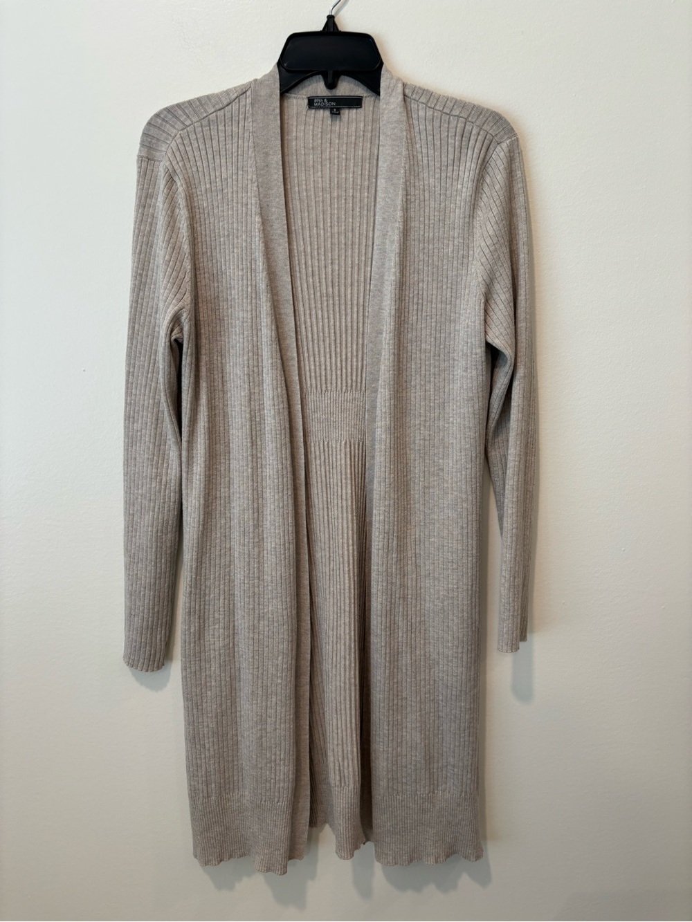 Long Open-Front Ribbed Cardigan Sweater - Beige